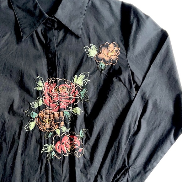 Black Floral Embroidery Cotton Button Down Shirt S - Picture 7 of 10
